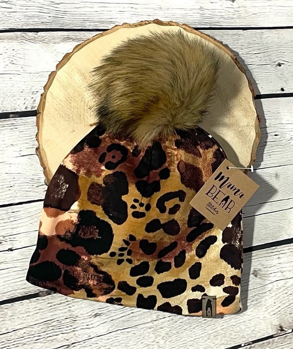 Fleece Lined Pompom Hat - Tie Dye Animal Print