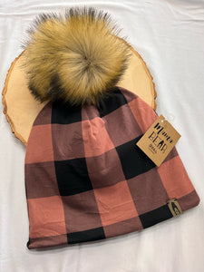 Fleece Lined Pompom Hat - Dark Rose Buffalo Plaid