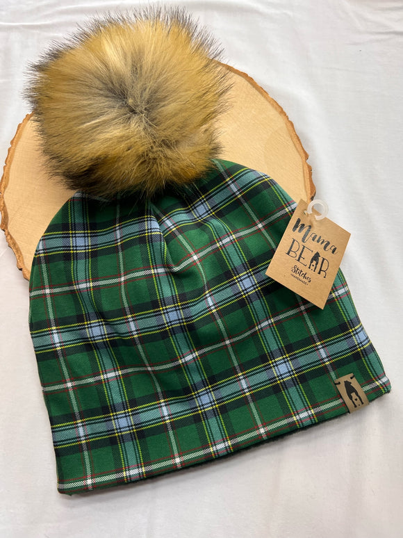 Fleece Lined Pompom Hat - Green Tartan