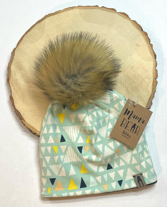 Fleece Lined Pompom Hat - Mint with Triangle