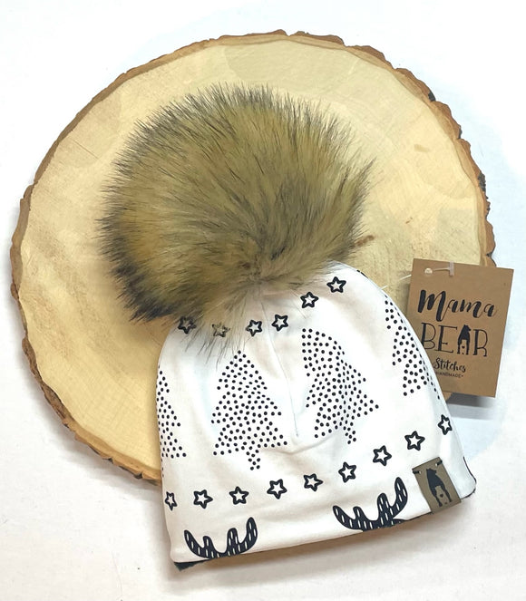 Fleece Lined Pompom Hat - White with Black Trees & Moose