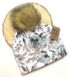 Fleece Lined Pompom Hat - White with Black Roses