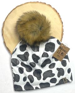 Fleece Lined Pompom Hat - Cow Spots