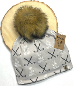 Fleece Lined Pompom Hat - Eat, Sleep Hockey